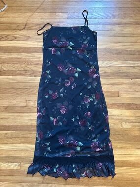 Vintage 90s Soda Blu Black Midi Dress with  Rose Print Overlay